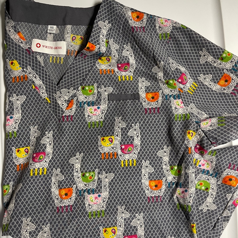 White Cross Llama Scrub Top